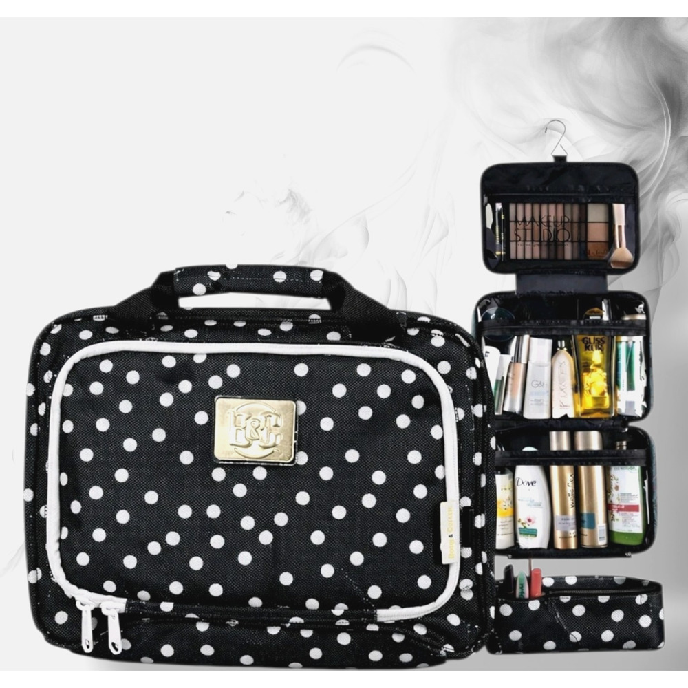Bang & Carsen Hanging Toiletry Bag Black White Polka Dot Travel Organizer Case